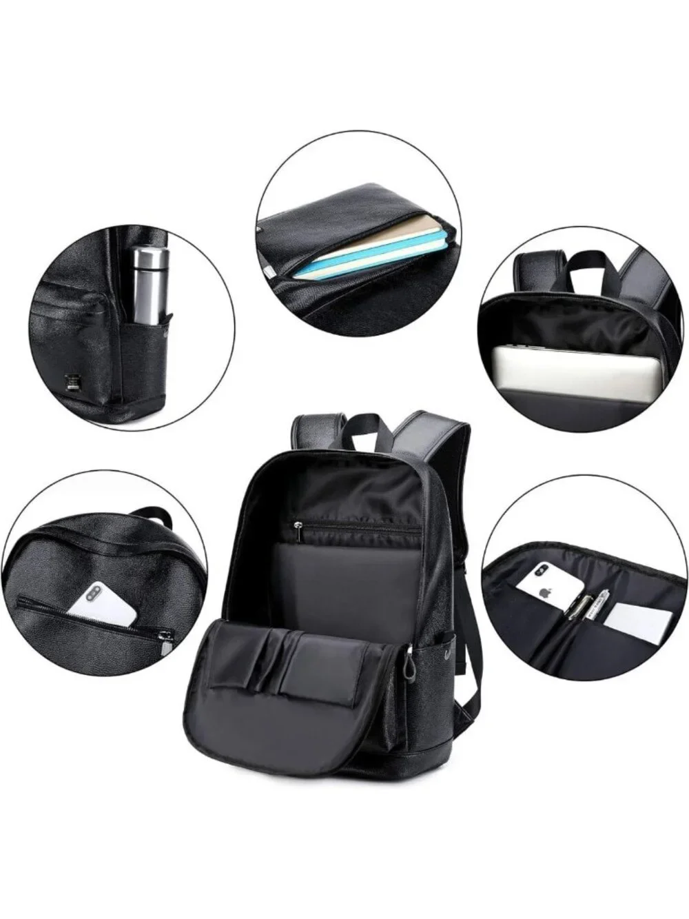 Stylish Black Leather Laptop Backpack for Work, Travel, College - Fits 15.6